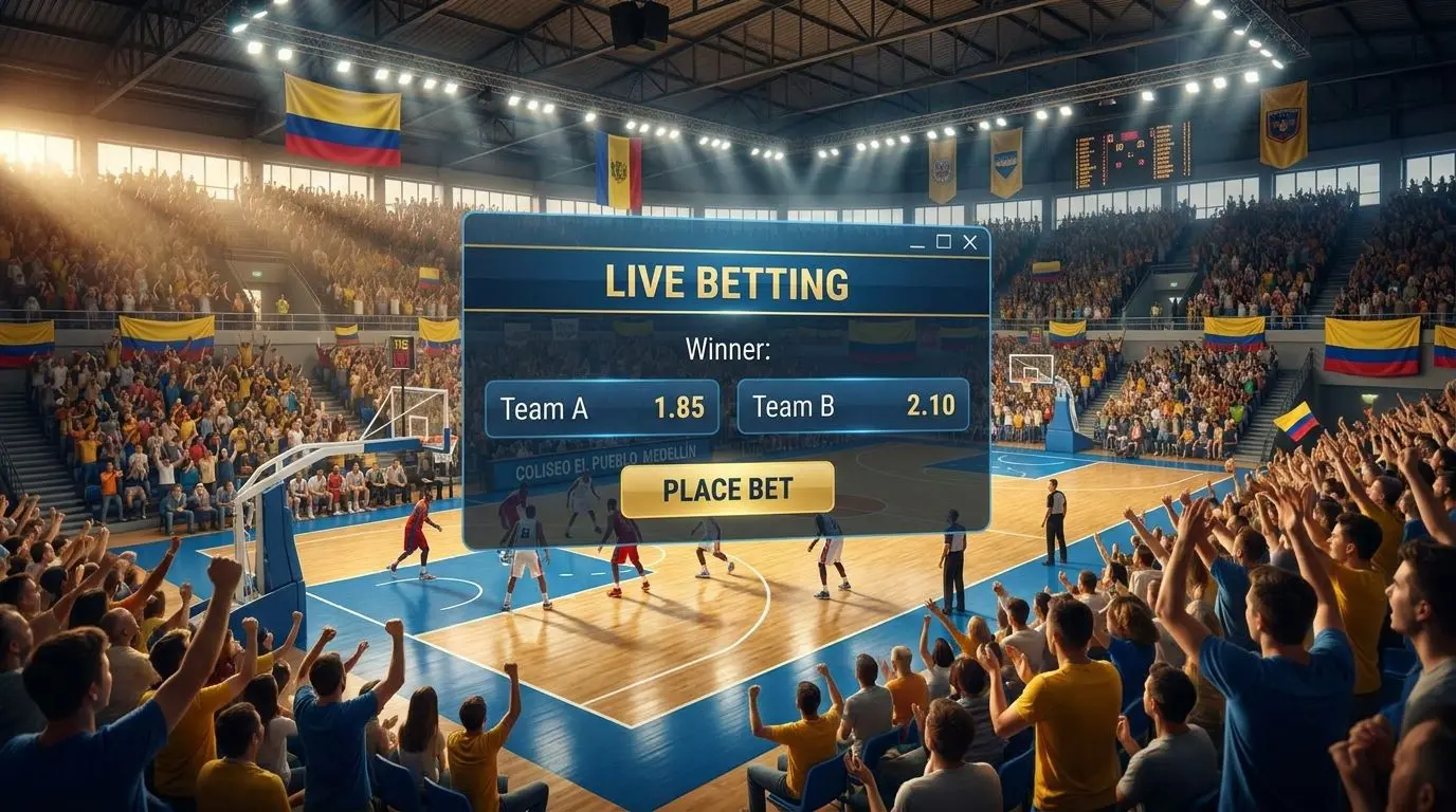 Cancha de baloncesto con interfaz de apuestas deportivas sobrepuesta