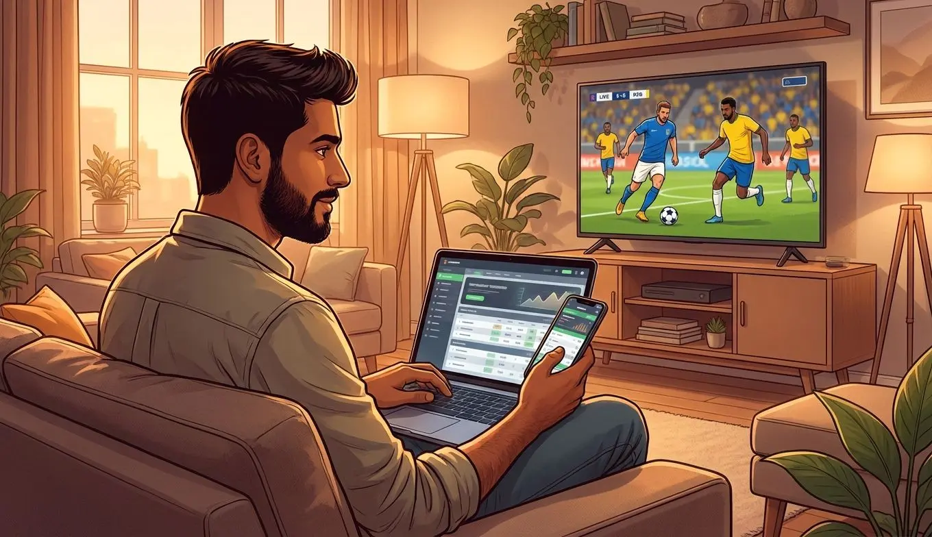 Apostador colombiano revisando apuestas deportivas en línea mientras ve fútbol