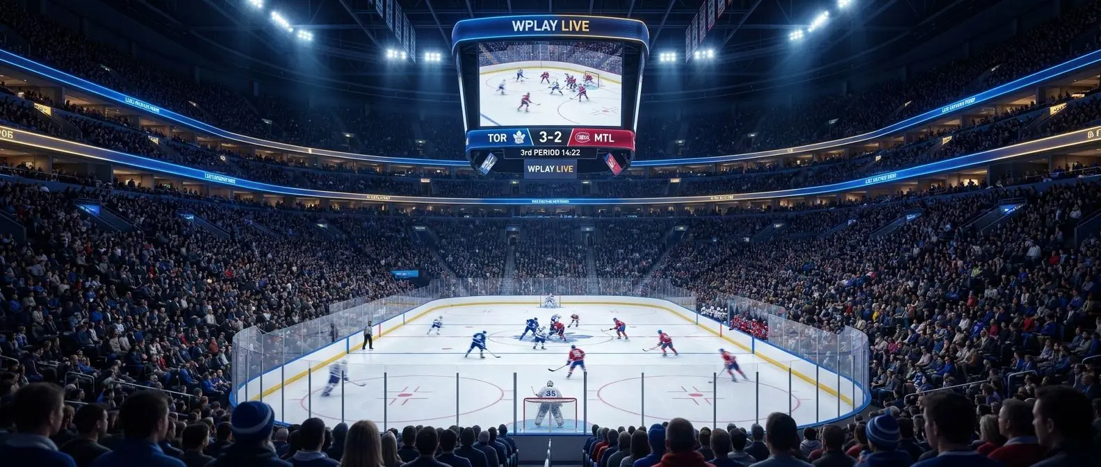 Estadio de hockey lleno con partido en vivo y marcador electrónico