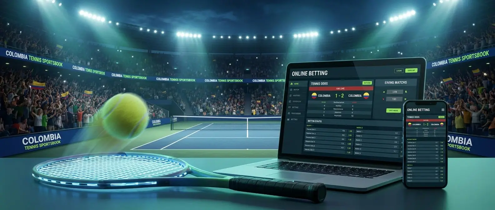 Interfaz de apuestas de tenis de Wplay frente a una cancha iluminada en Colombia