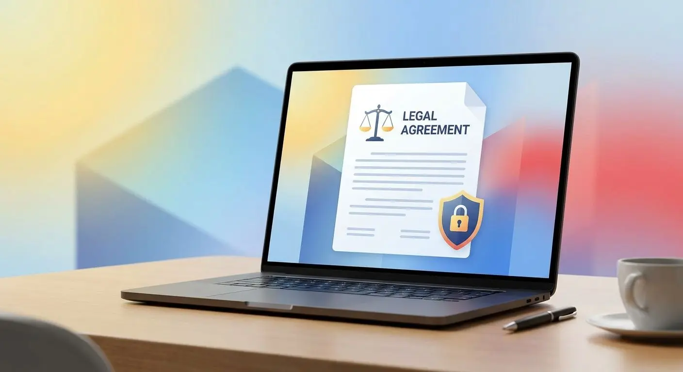 Documento de aviso legal Wplay en una pantalla con iconos de justicia y seguridad