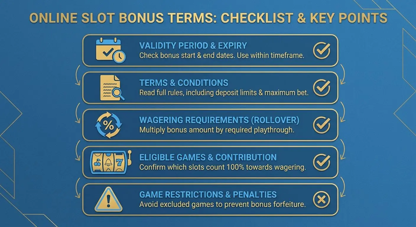 Checklist visual de condiciones de bonos para tragamonedas