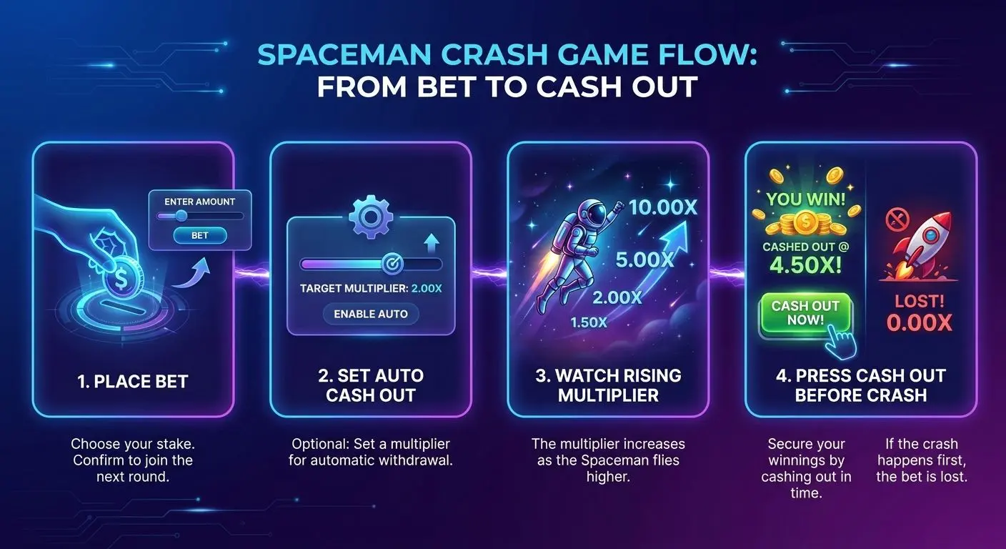 Diagrama con pasos para apostar y usar cash out en Spaceman