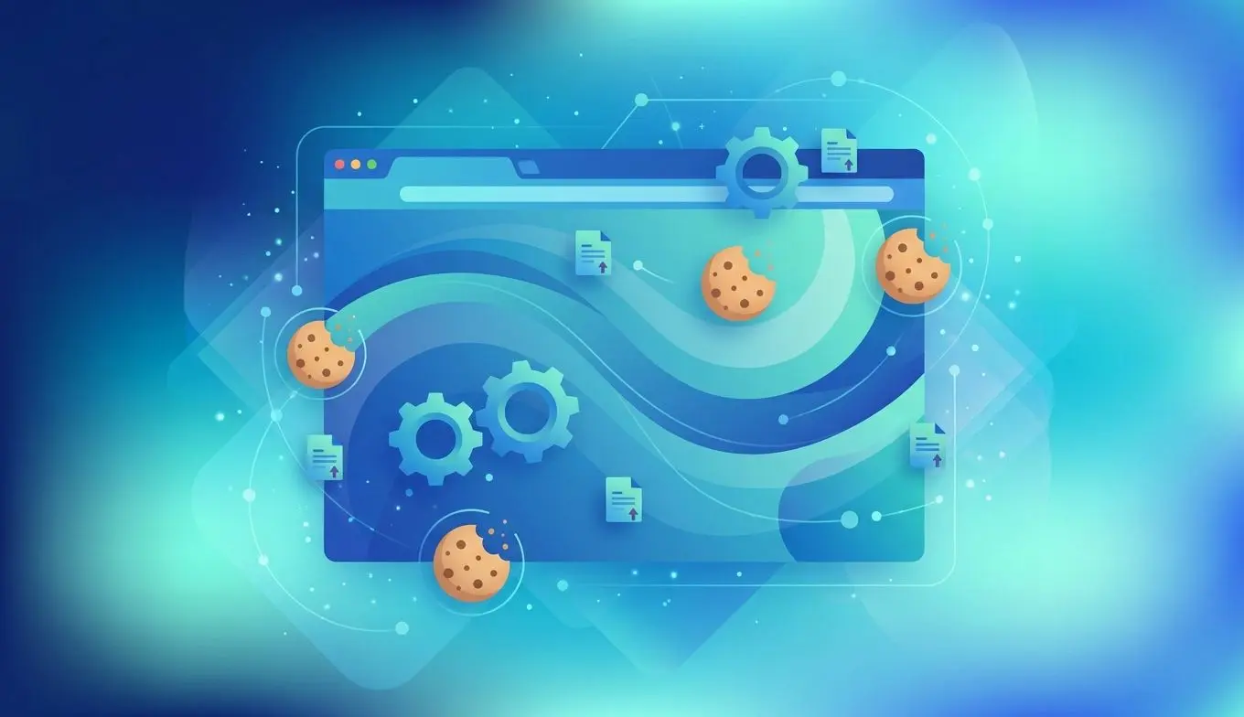 Ilustración de navegador con iconos de cookies y engranajes