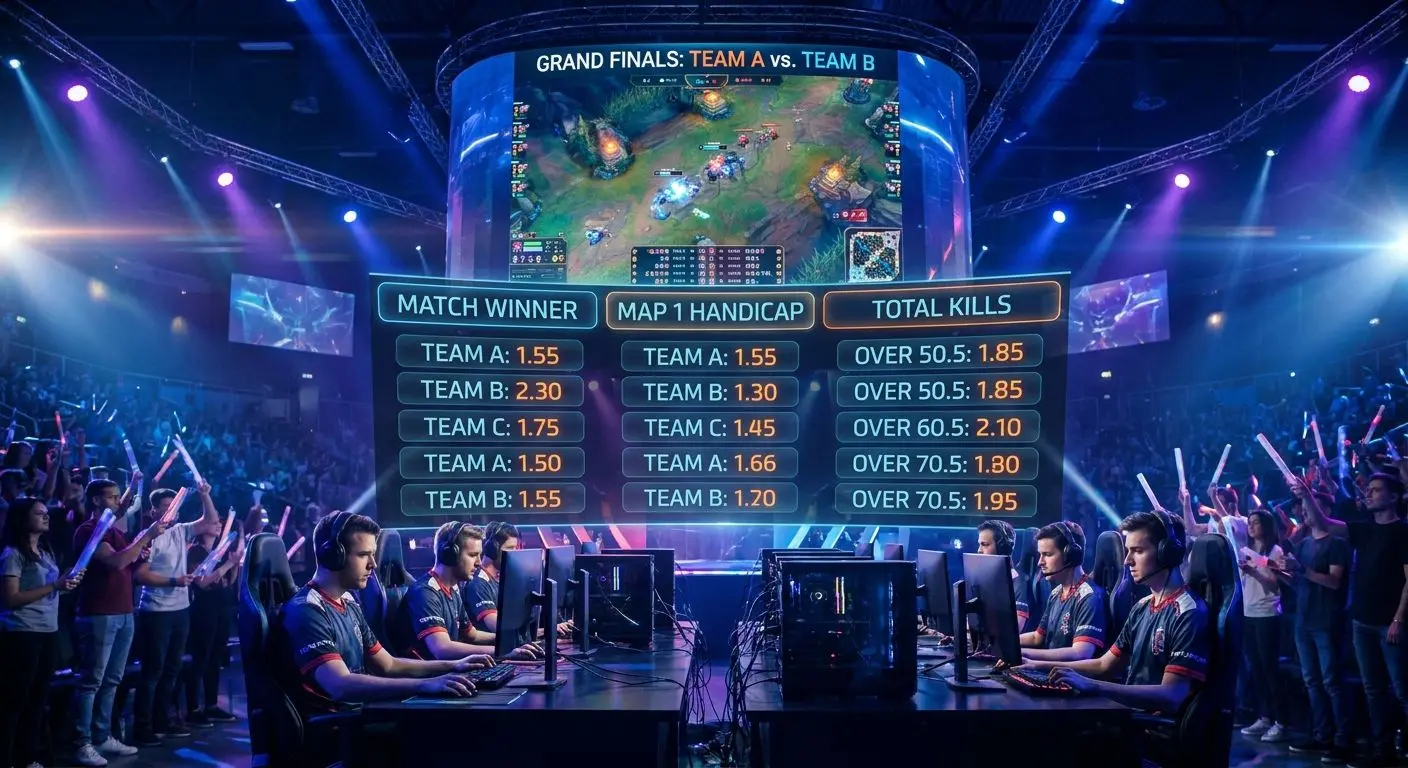 Partida de eSports en pantalla gigante con interfaz de apuestas visible