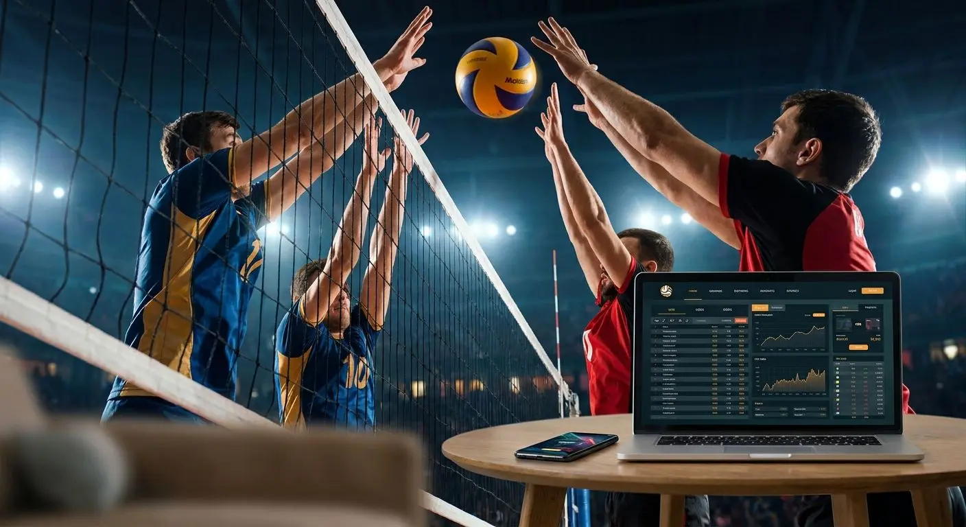 Escena de partido de voleibol con jugadores saltando cerca de la red