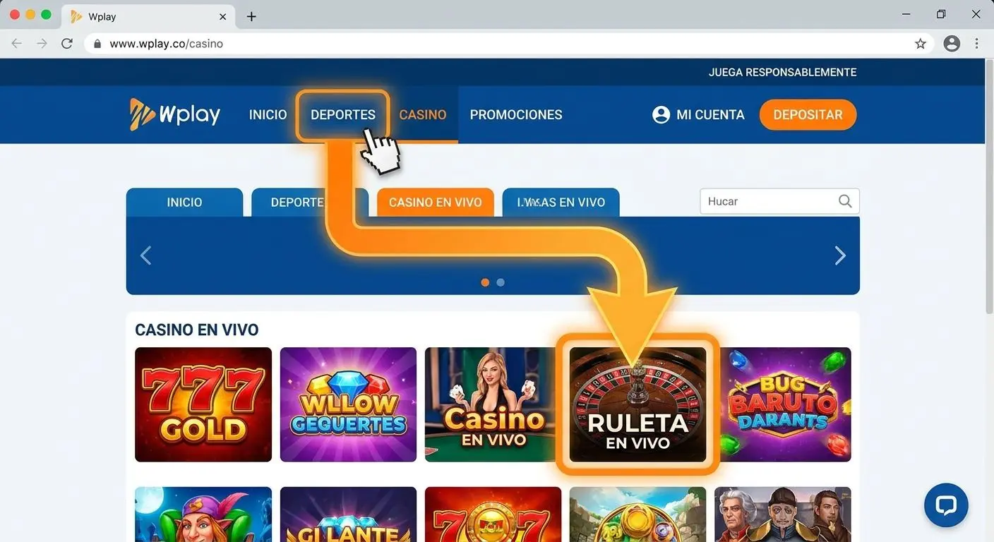Ruta de navegación a la ruleta en vivo en Wplay Interfaz de Wplay mostrando cómo acceder a la sección de ruleta en vivo