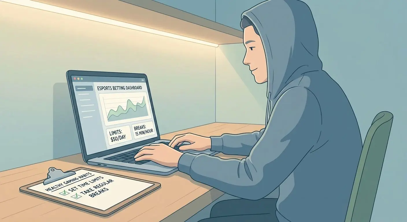 Checklist de juego responsable junto a pantalla de apuestas de eSports