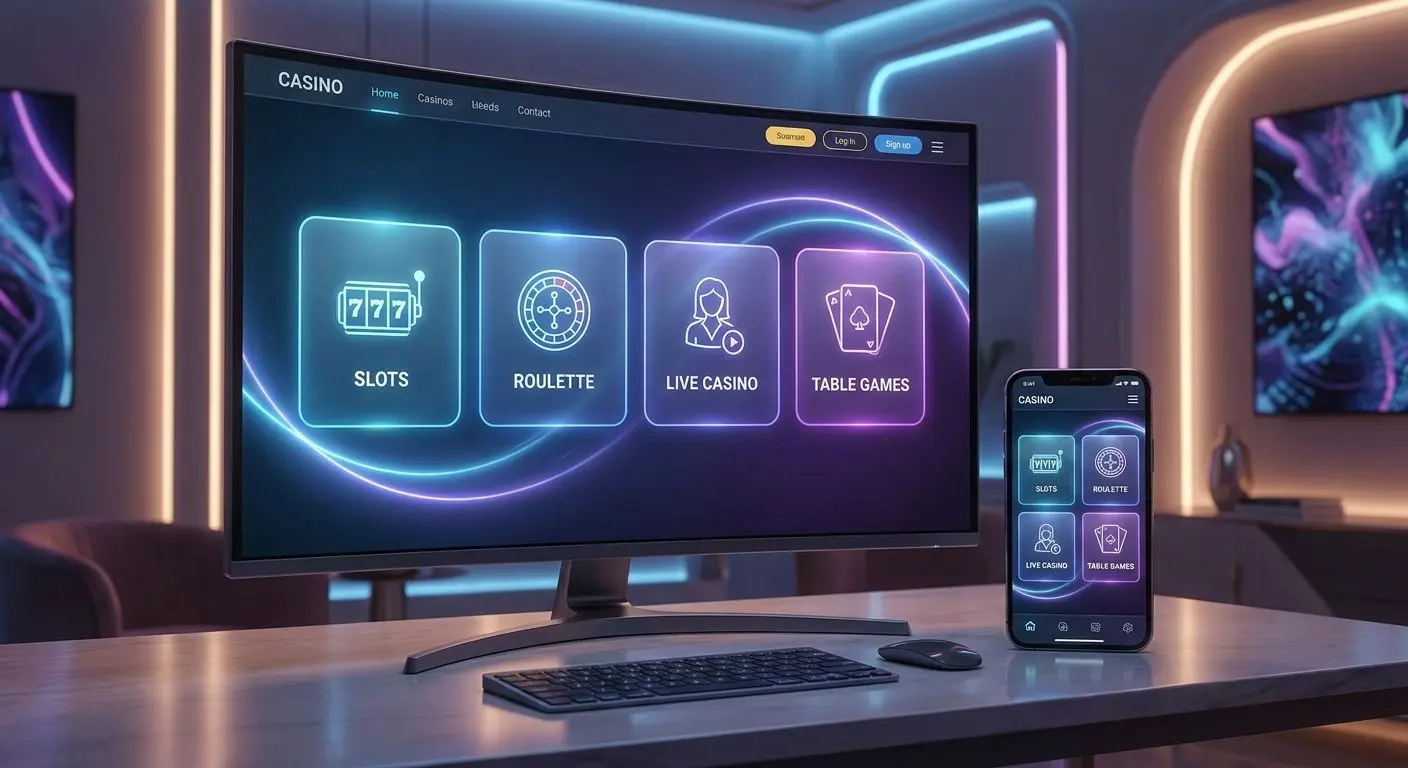 Interfaz de lobby de casino online con categorías de tragamonedas, ruleta y juegos en vivo