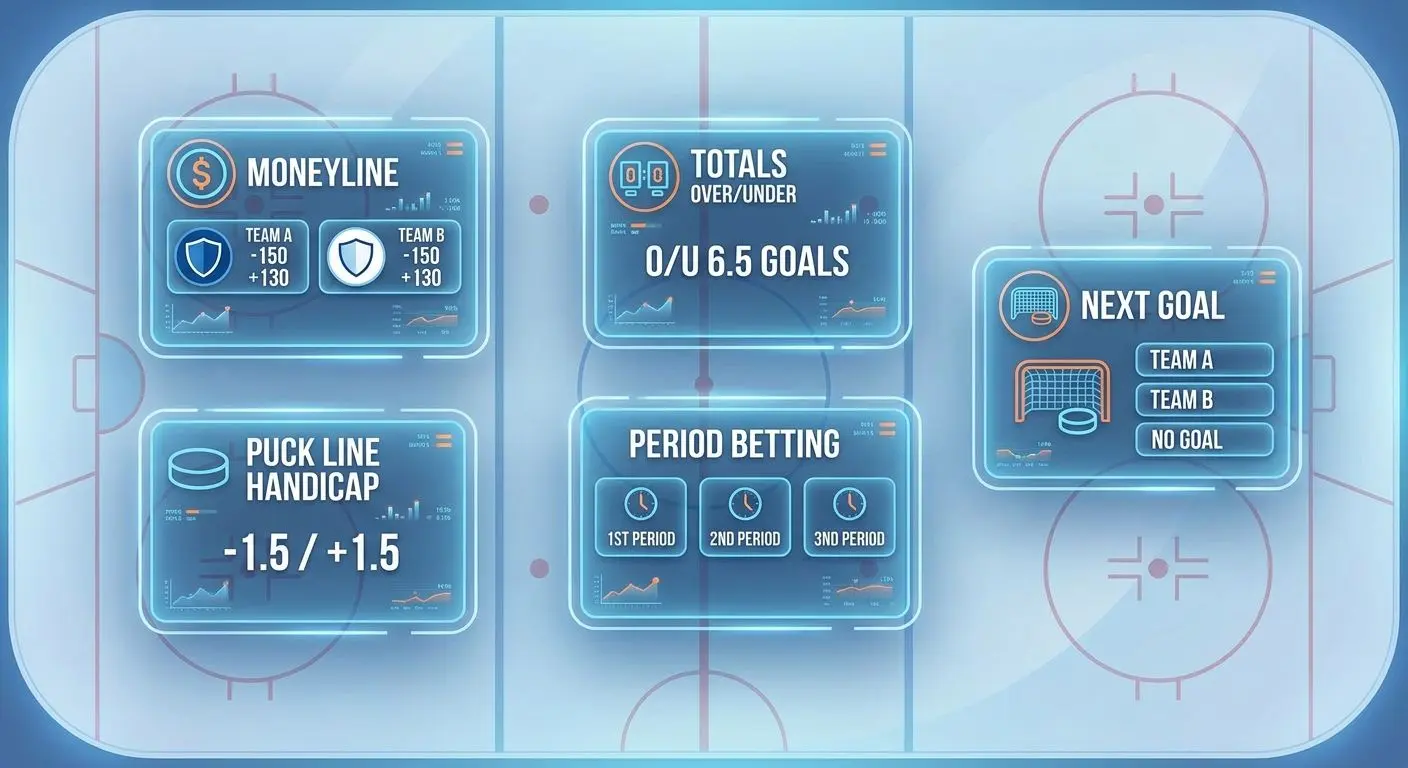 Ilustración de mercados de apuestas de hockey como moneyline, puck line y periodos