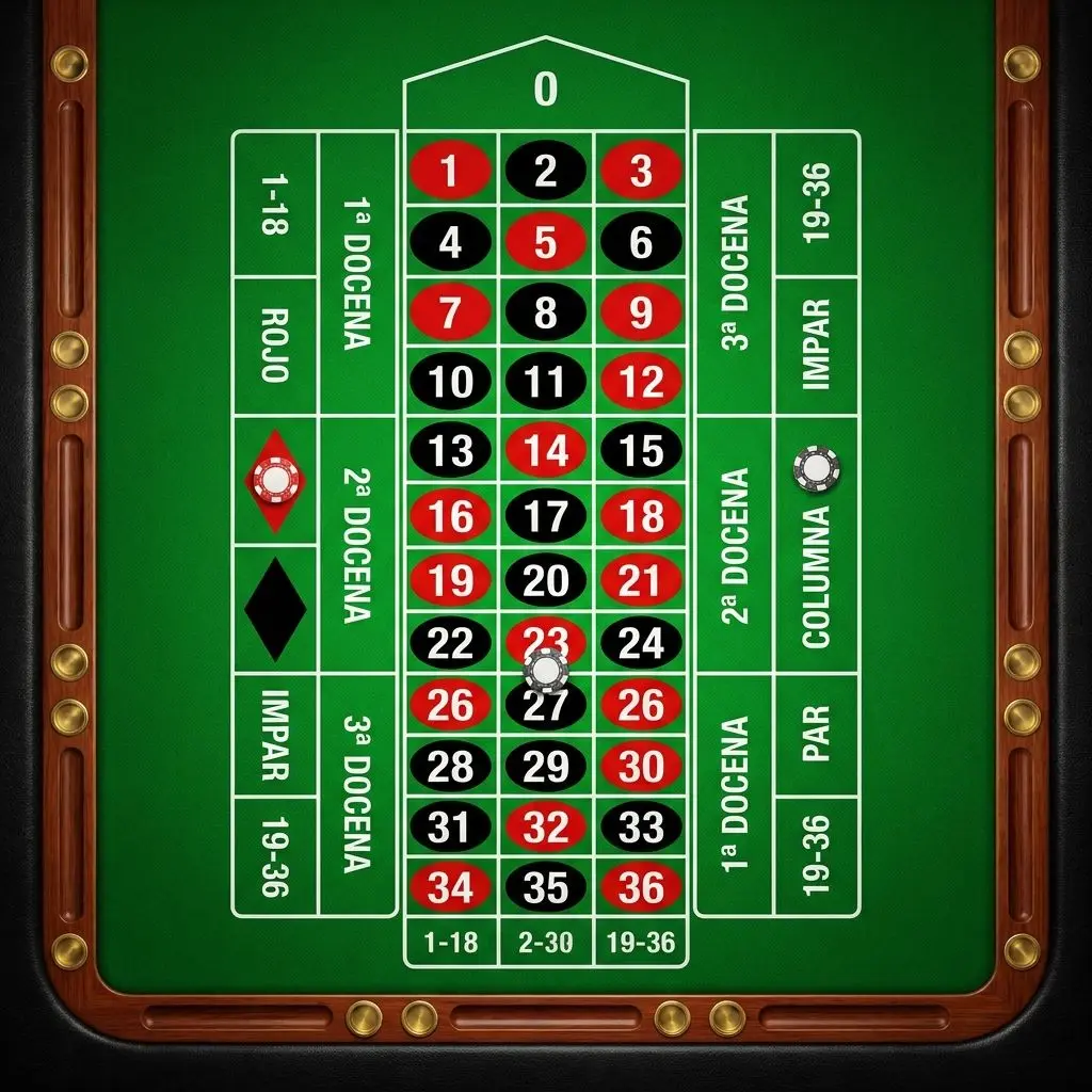 Zonas de apuestas internas y externas en la mesa de ruleta Mesa de ruleta mostrando apuestas internas y externas en el tapete
