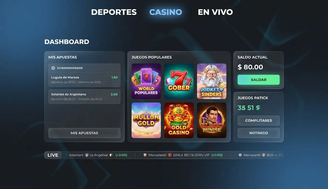 Panel principal de una plataforma de apuestas con menús de Deportes, Casino y En vivo
