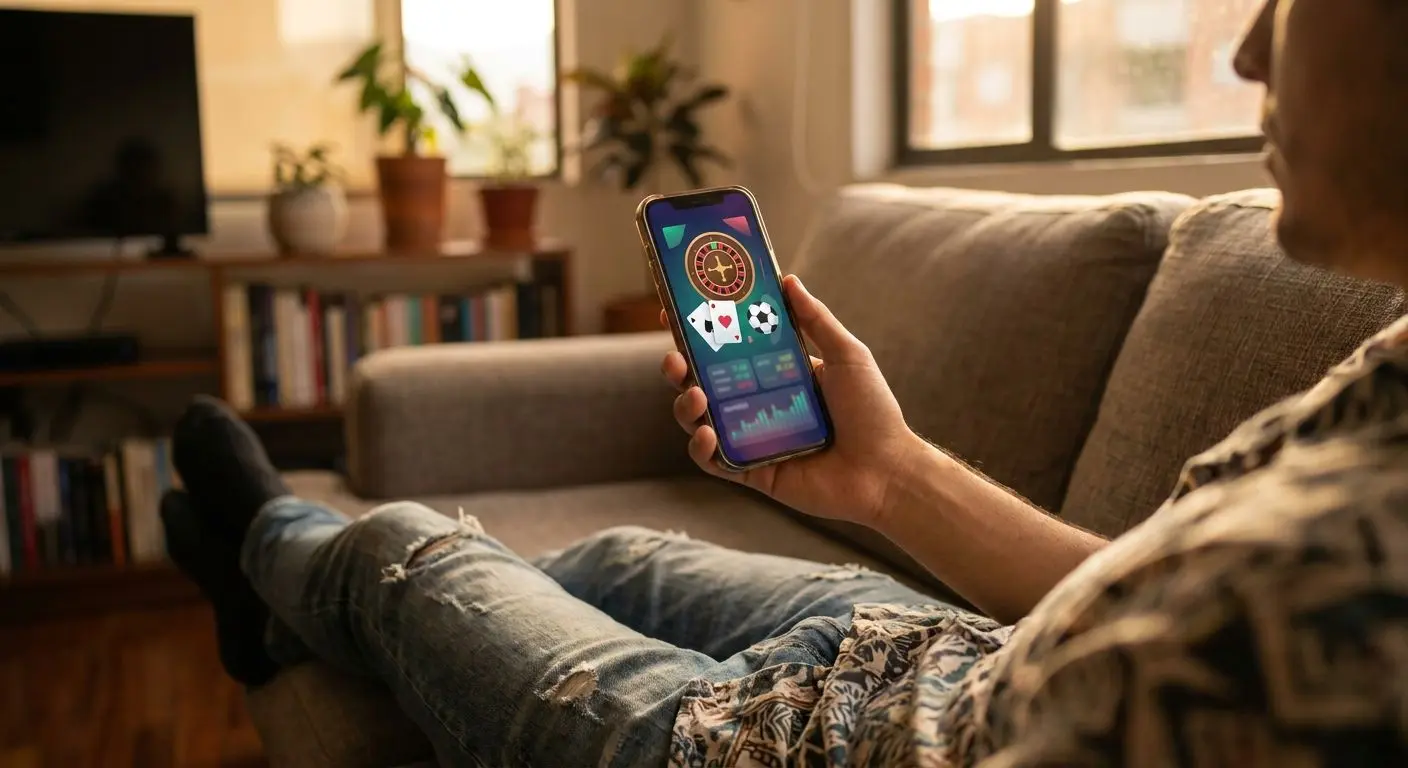 Usuario sosteniendo un celular con la app de apuestas y casino abierta