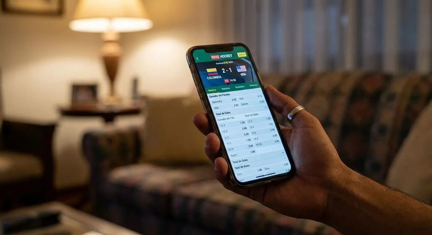 Persona usando el móvil para registrarse y apostar hockey en vivo