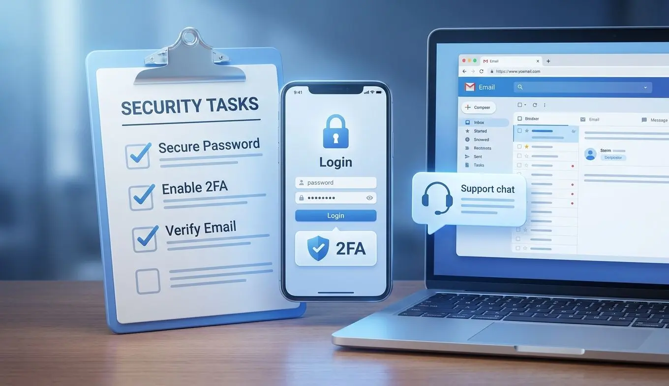 Checklist con correo, contraseña y verificación para acceder a una cuenta en línea