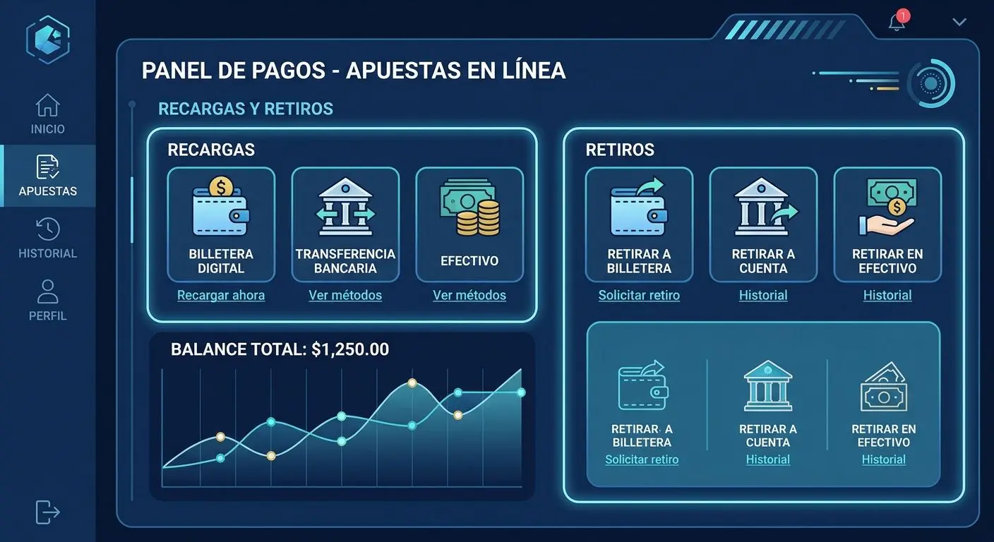 Pantalla ilustrativa de sección de recargas y retiros en una plataforma de apuestas