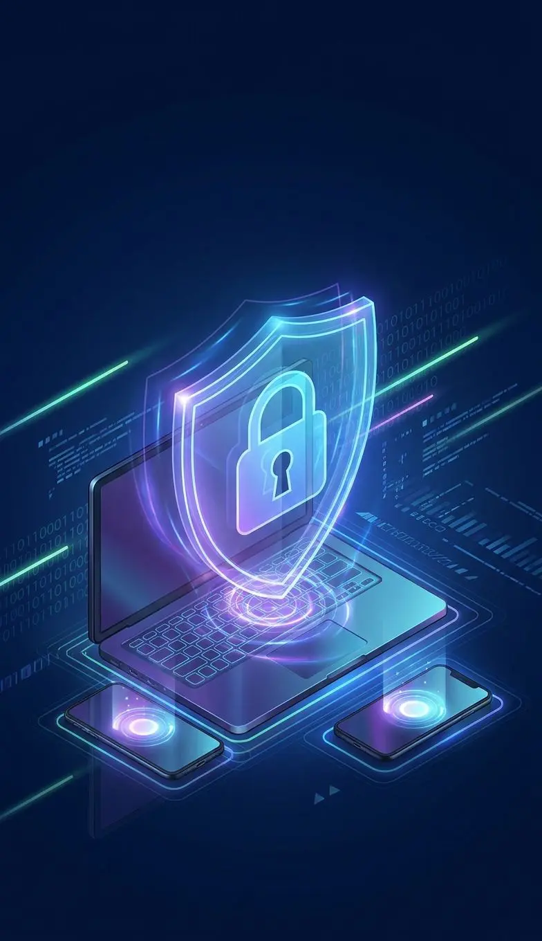 Escudo y candado protegiendo dispositivos para simbolizar seguridad de datos