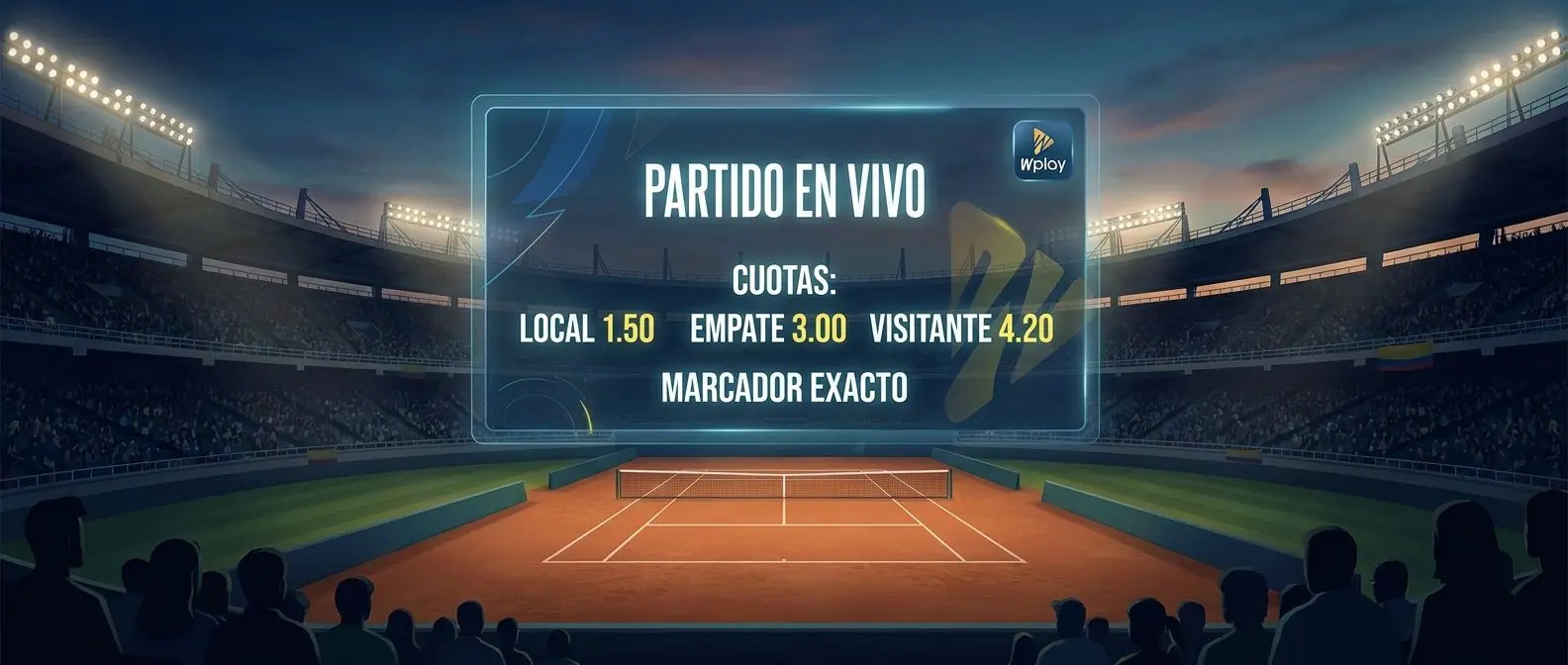 Cancha de tenis con pantalla de mercados de apuestas en un estadio colombiano