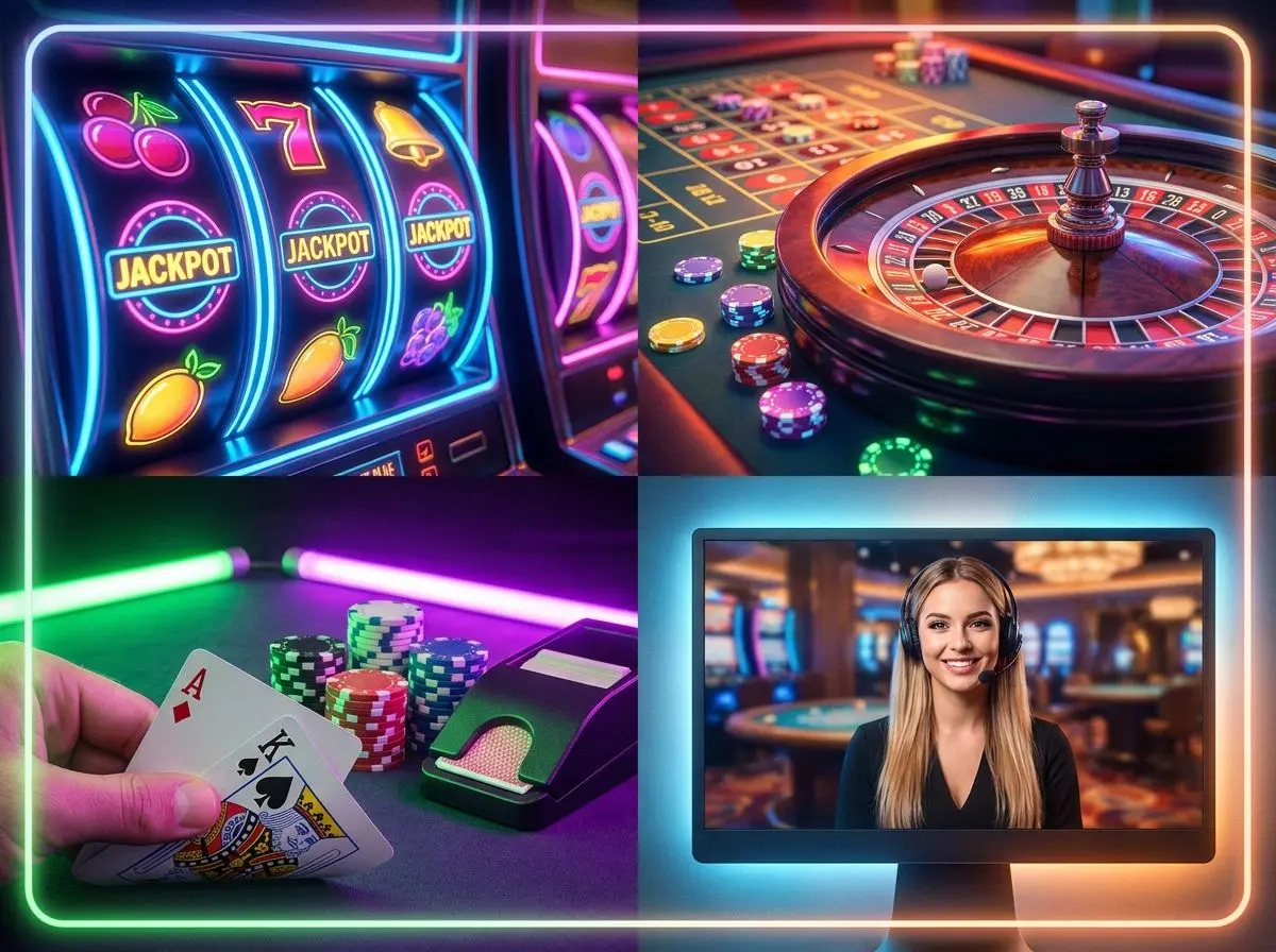 Collage de tragamonedas, ruleta, blackjack y casino en vivo en WPlay